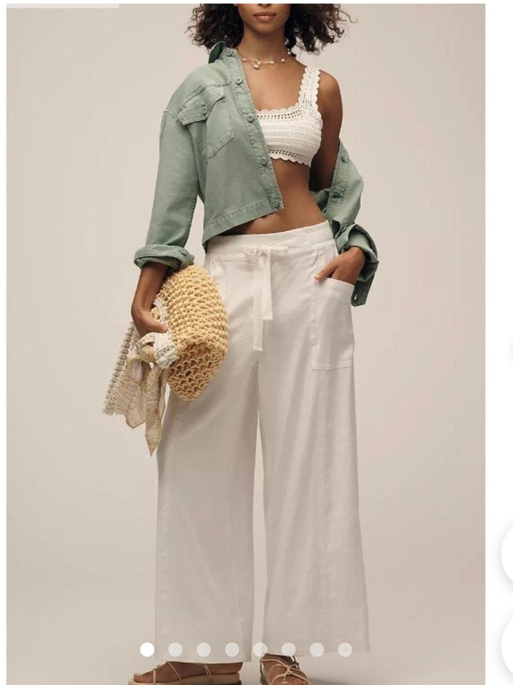 Maeve Cream Wide-Leg Linen Blend Drawstring Pants in Cream